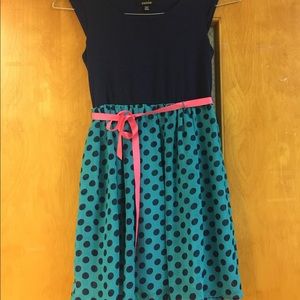 Navy blue and teal polkadot dress